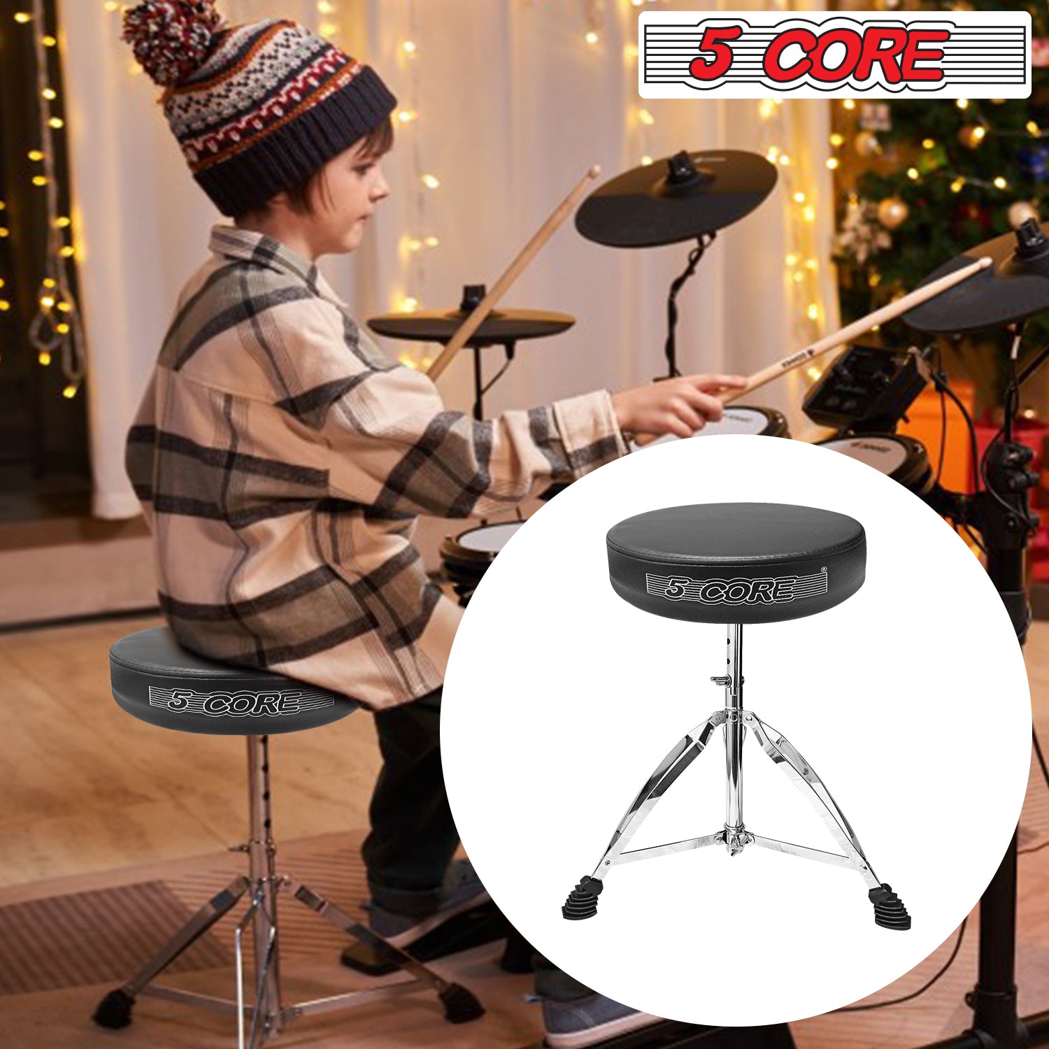 5Core Drum Throne featuring high-density memory foam and adjustable height for drummers, showcasing its sturdy design and comfort.